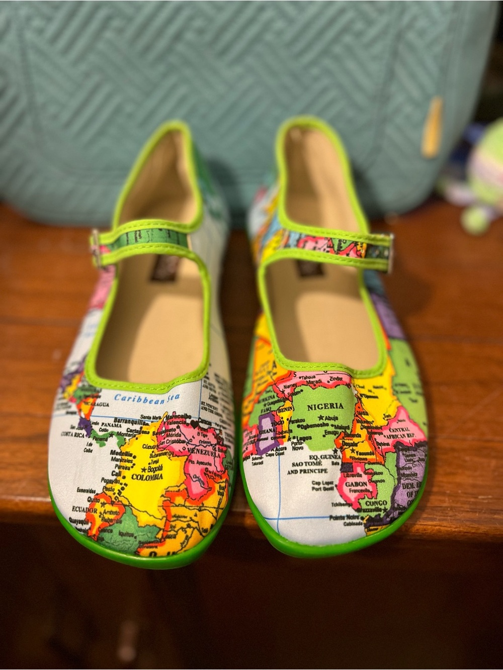 Map-Print Mary Jane Flats in Multicolor with Green Trim